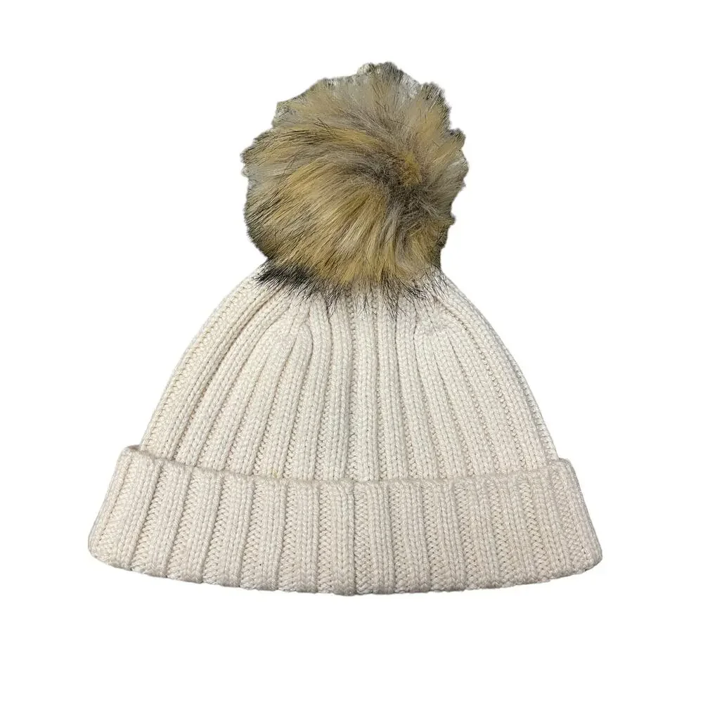 J CREW Hat Womens OS Ribbed Cuffed Pom-Pom Beanie NWOT Knit Cotton Ivory